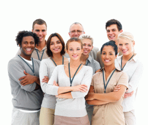 employees with lanyards and company id badges